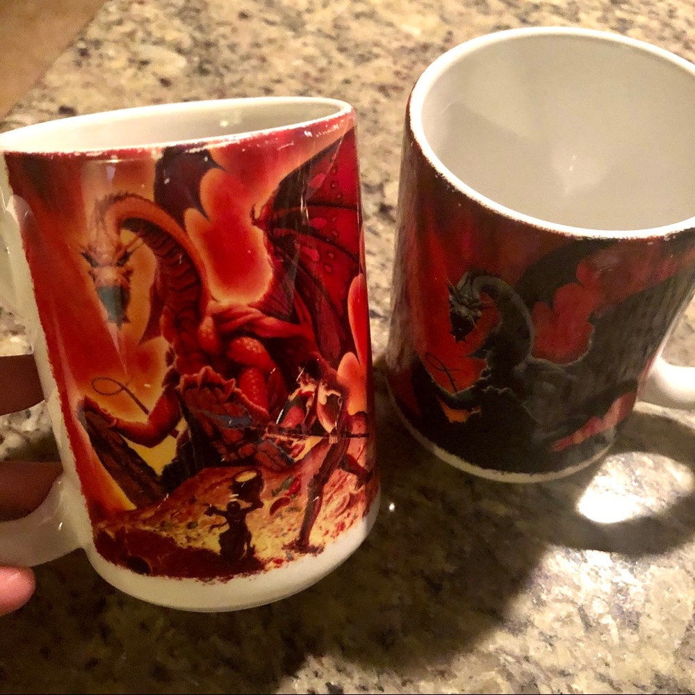 2 Romas B. Kukalis dragon mugs - used - 1 3/4 cup